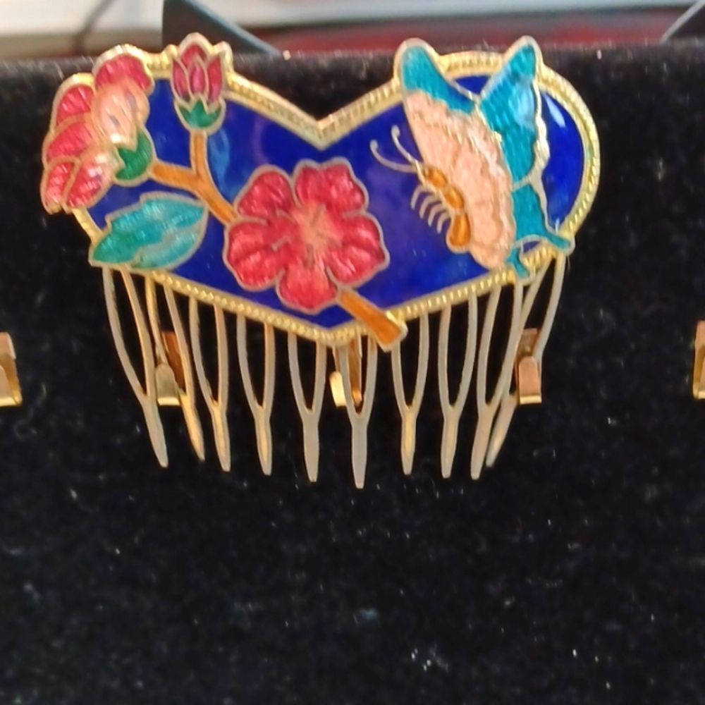 Vintage 70s Hair Metal Comb Flowers & Butterflies